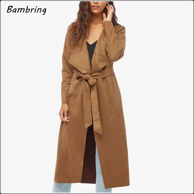 Женское замшевое модное пальто с поясом офисное дамское верхняя одежда