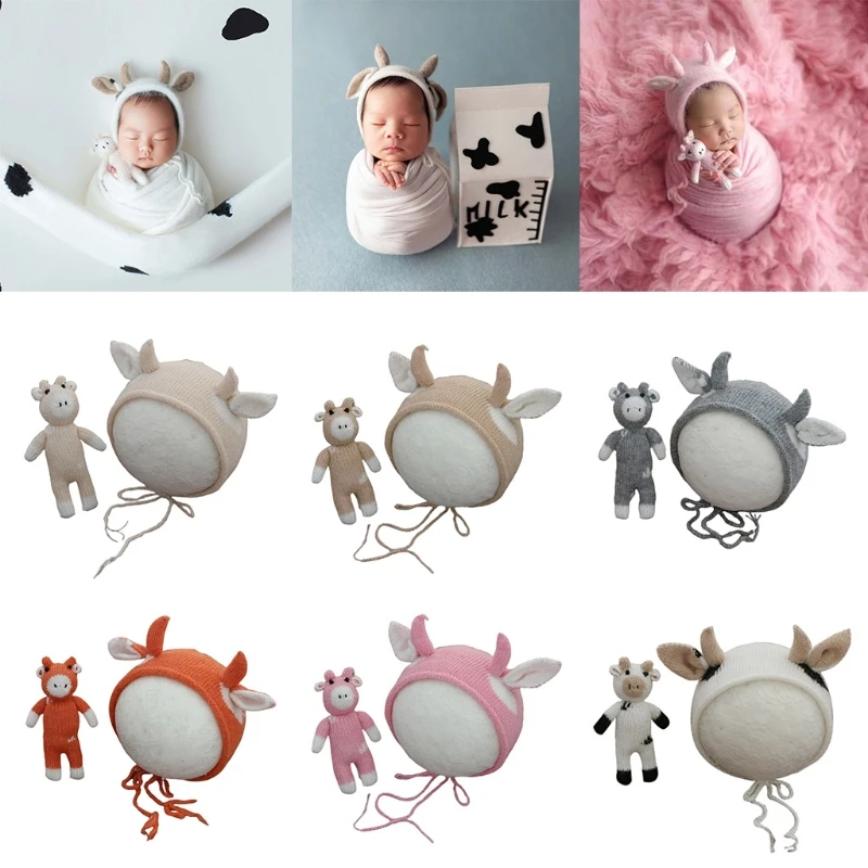 

2 Pcs Baby Knitting Cow Hat Animal Doll Set Handmade Crochet Mohair Beanies Newborn Photography Props Bonnet Infants Photo