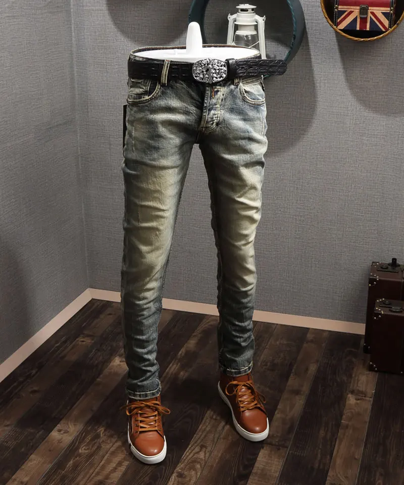 

Новинка 2021, винтажные модные мужские джинсы, желтые эластичные облегающие дизайнерские джинсы в стиле ретро, высококачественные уличные дж...