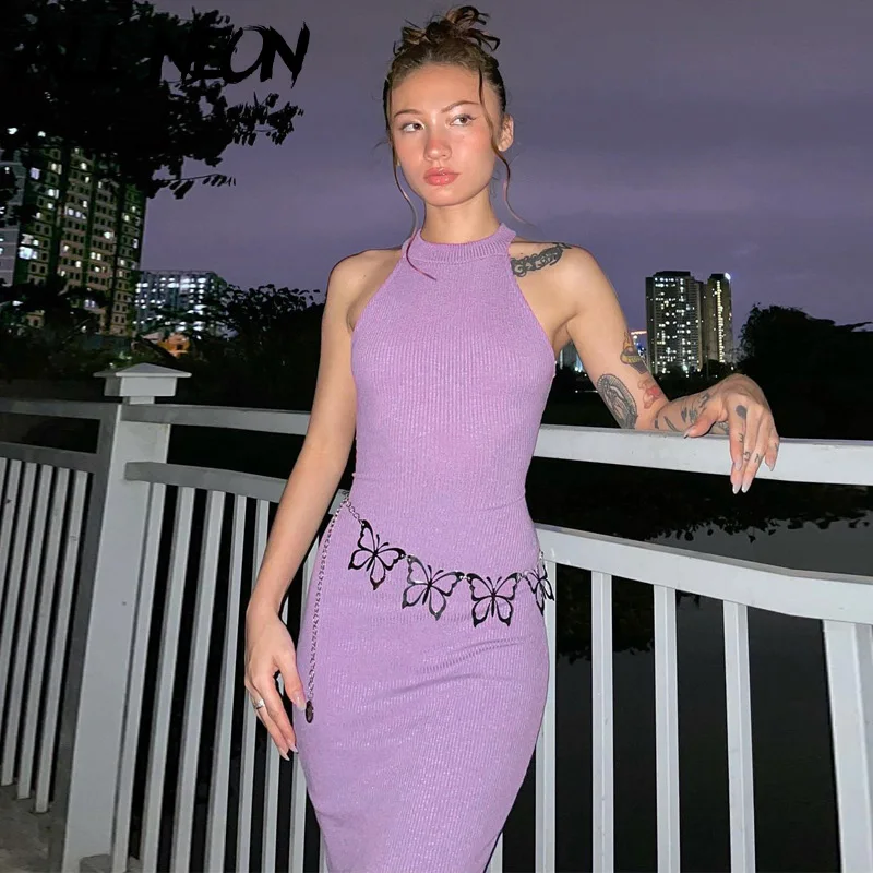 

ALLNeon 2000s Aesthetics Ribbed Bodycon Midi Dresses Vintage Y2K O-neck Sleeveless Long Dress Solid Summer Party Outfits Sexy