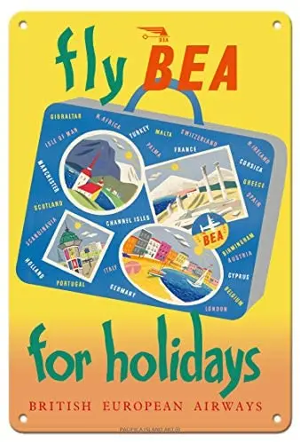 

Fly BEA for Holidays - British European Airways - Airline Travel Poster c.1950s - Metal Tin Sign