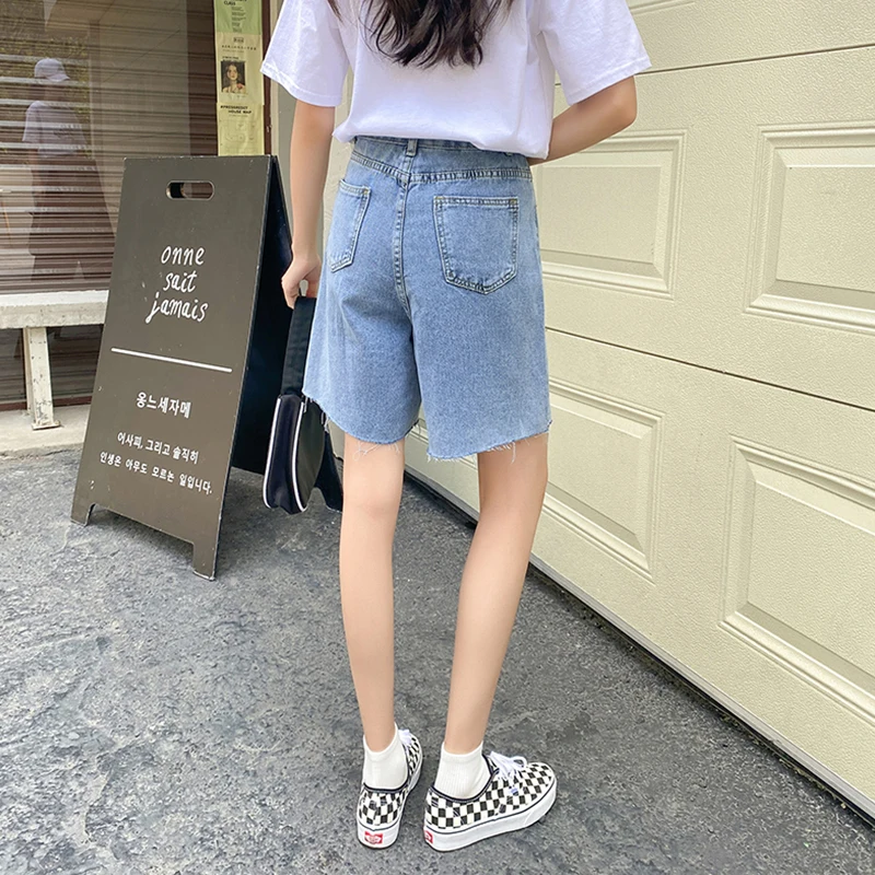 

Fitaylor New Spring Summer Women High Waist Loose Vintage Blue Denim Shorts Streetwear Female Hole Wide Leg Ladies Jeans Shorts