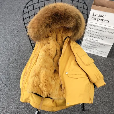 Yellow Yellow Детское пальто с мехом; зимняя одежда для мальчиков и девочек; детские куртки с натуральным кроличьим мехом; Верхняя одежда для девочек; плотная теплая парка; детская ветровка; TZ336 - Цвет: Yellow Yellow