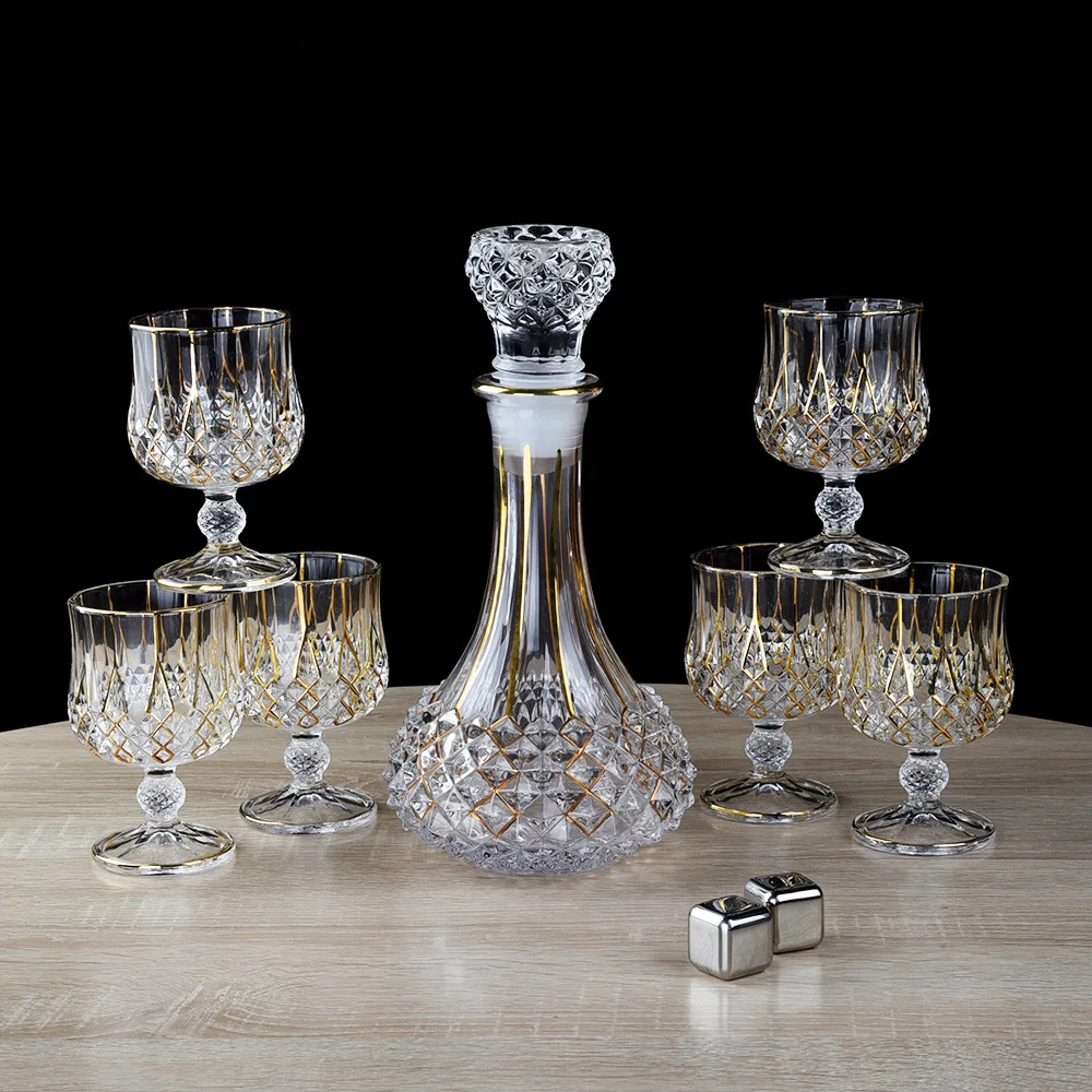 

Gold painted whisky foreign wine cup high foot red wine cup wine set crystal glass brandy wine set whiskey Decanter