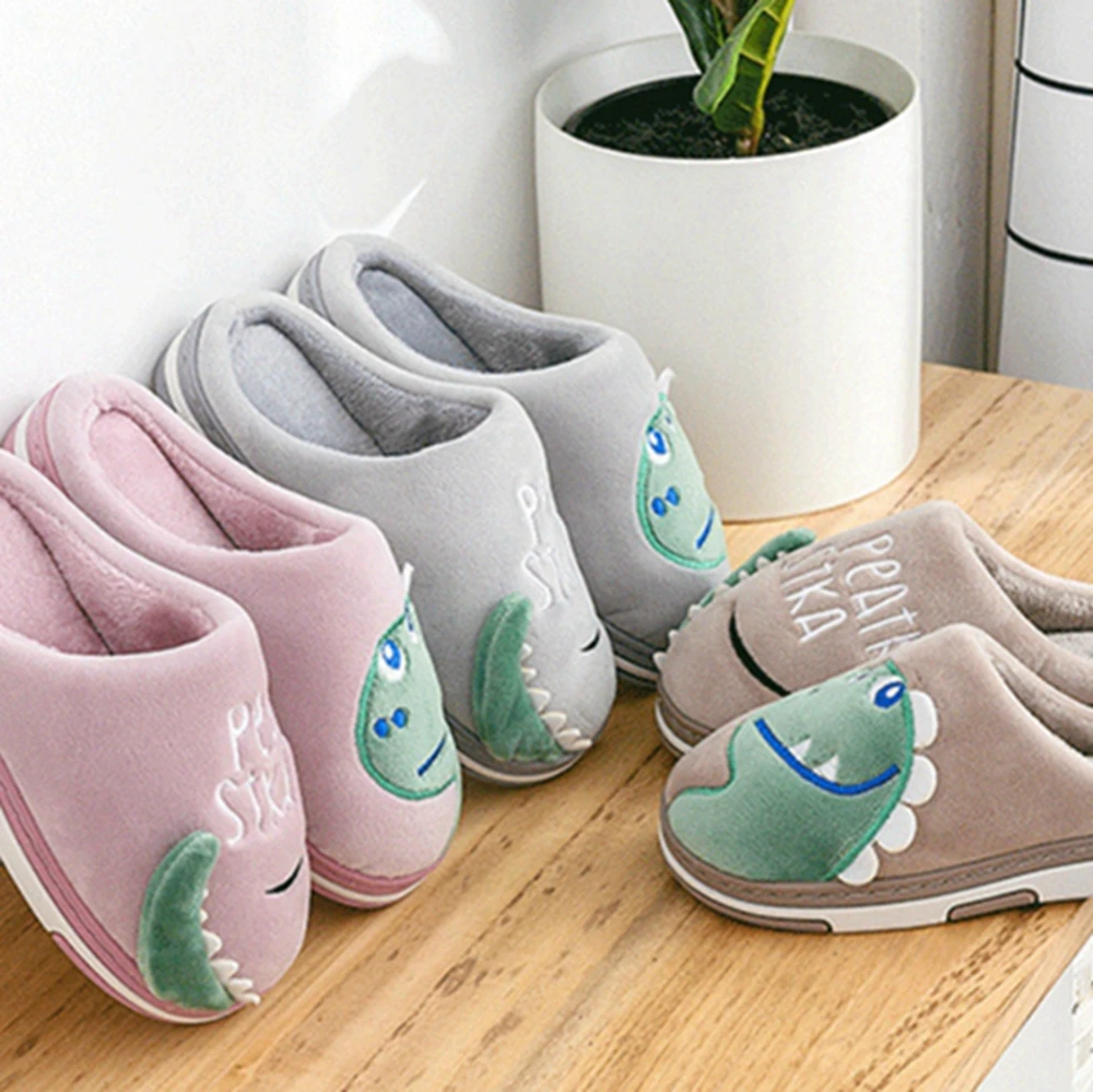 Женские зимние теплые тапочки из флока с мультяшным динозавром большие размеры 33
