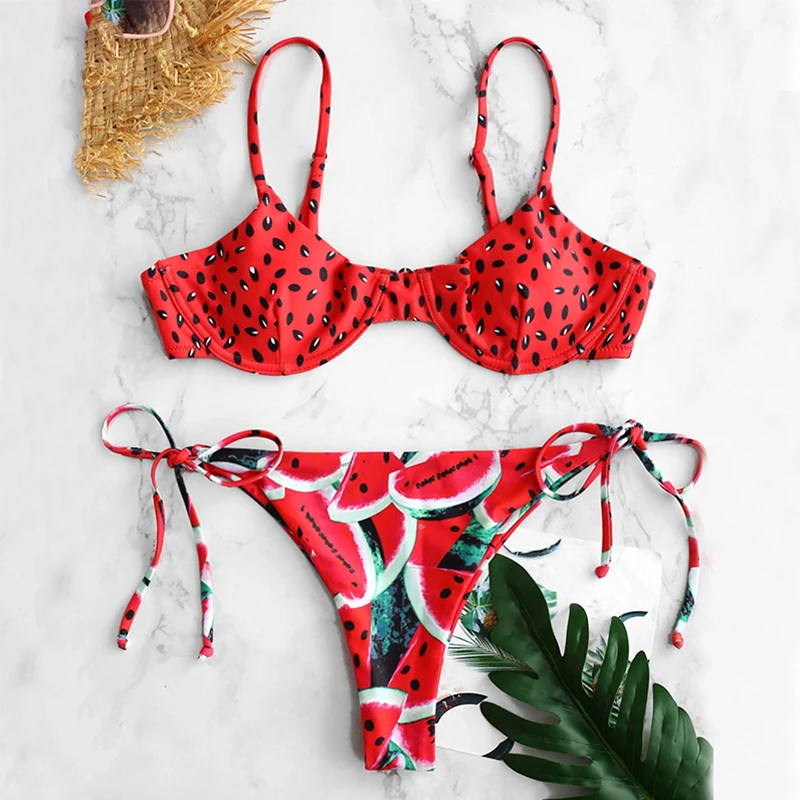 In-X Watermelon swimsuit female Sexy knot bikinis mujer Push up swimwear women bathers Summer beach wear bathing suit new - Цвет: 2039-7