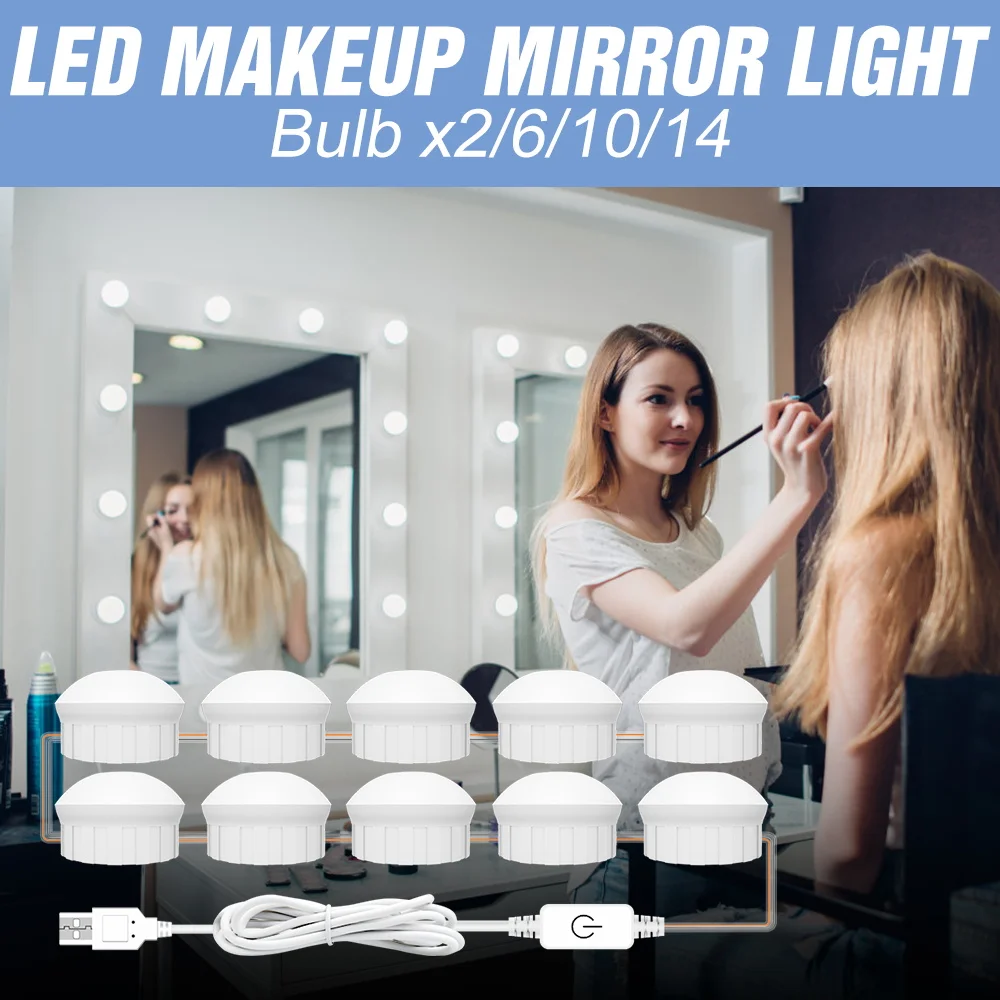 

LED Mirror Light USB Makeup Mirror Lamp 5V Hollywood Vanity Light 2 6 10 14 Dimmable Wall Lamps Dressing Room Light Mirror Bulb