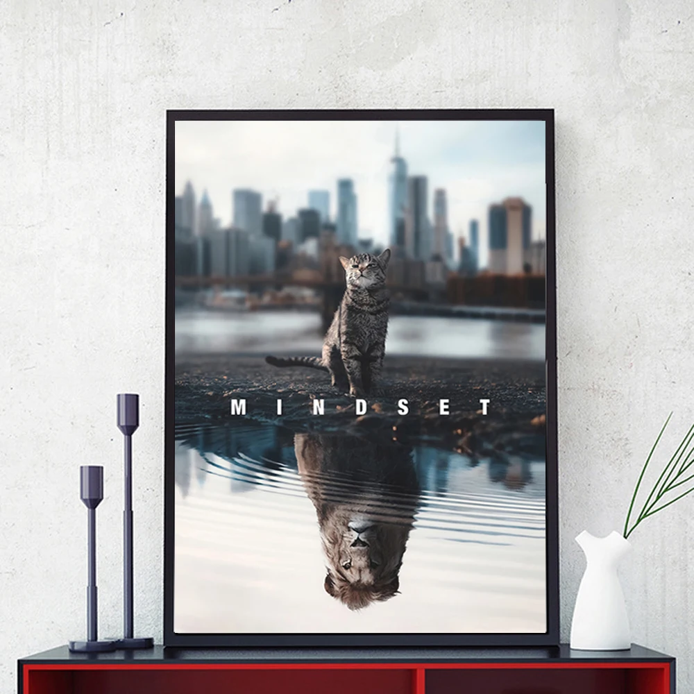 HD Печать текста животные холст живопись Mindset Is All мотивационный Кот Лев искусство