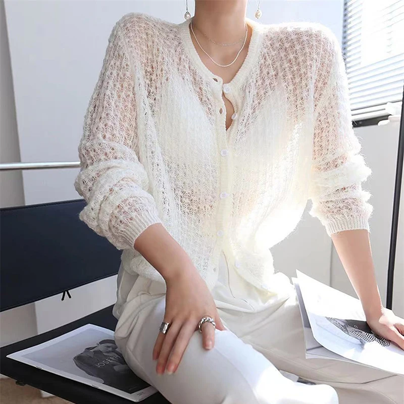 

2021 Hollow Out See Through Cardigan Lady Fashion Long Sleeve Single Breasted Button Knitted Sweater Women Autumn Sweet Thin Top