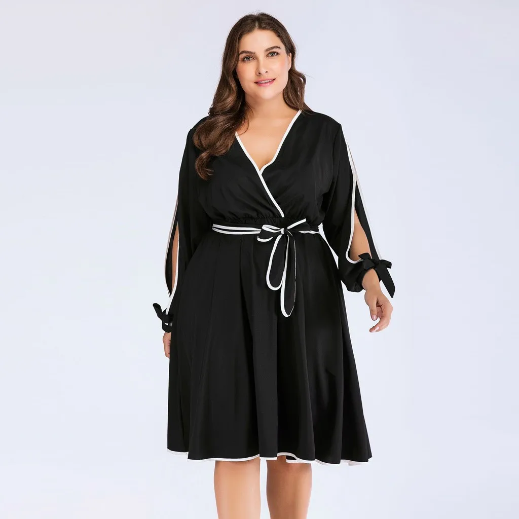 Женское платье на шнуровке Womail черное до колена с длинным рукавом и завышенной