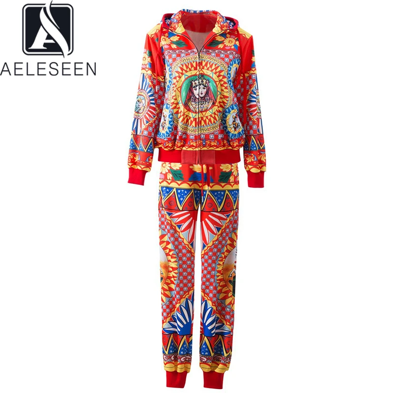 

AELESEEN Casual 2 Pieces Sets Women's Tracksuits Sicilian Sets Flower Plaid Print Coat+Skinny Pants High Quality Sportsuits