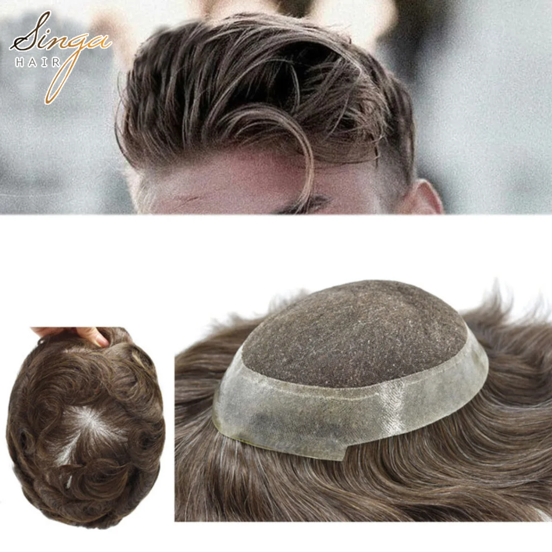 

Full French Lace Men Toupee Easy Tape Attached Around Hair Replacement Australia Skin Realistic Hairpieces Wig Manufacturer