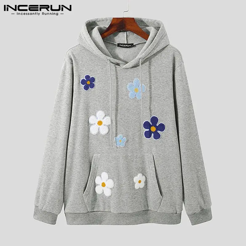 

Autumn Men Hoodies Flower Patchwork Hooded Long Sleeve Streetwear Workout Sweatshirts 2021 Pockets Casual Pullover S-5XL INCERUN