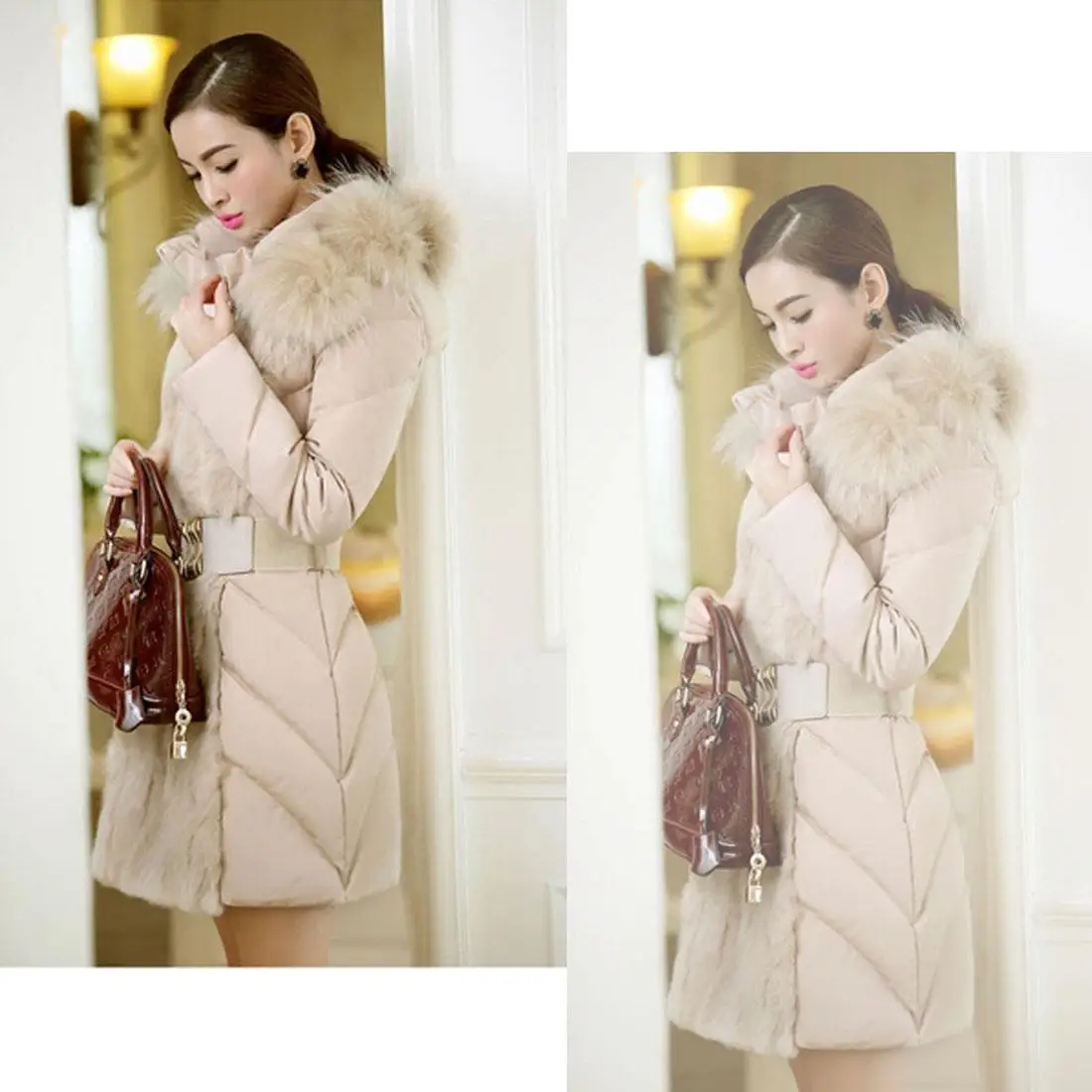 Парка женская с мехом тонкая толстовка длинное Дешевое пальто поясом брендовая