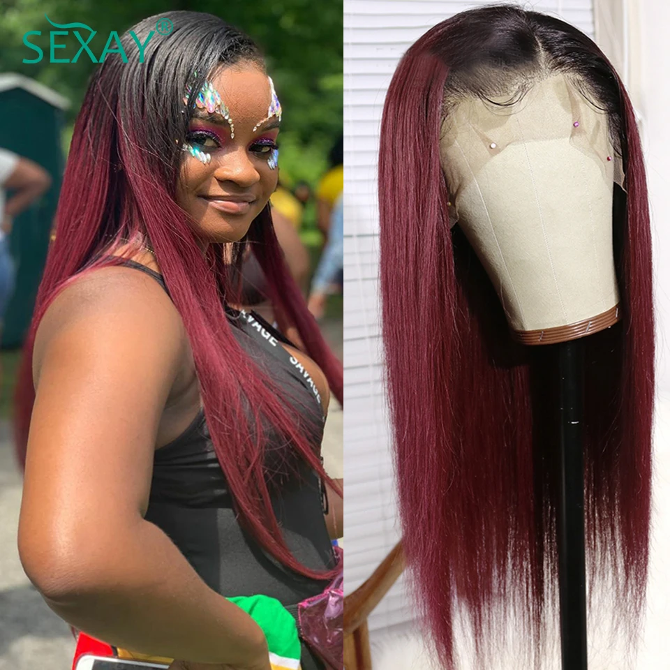 

Парик фронта шнурка Sexay 13x4 Омбре, парики из натуральных волос 150% Реми # 1B красный бордовый 99J окрашенные прямые парики шнурка предварительно ...