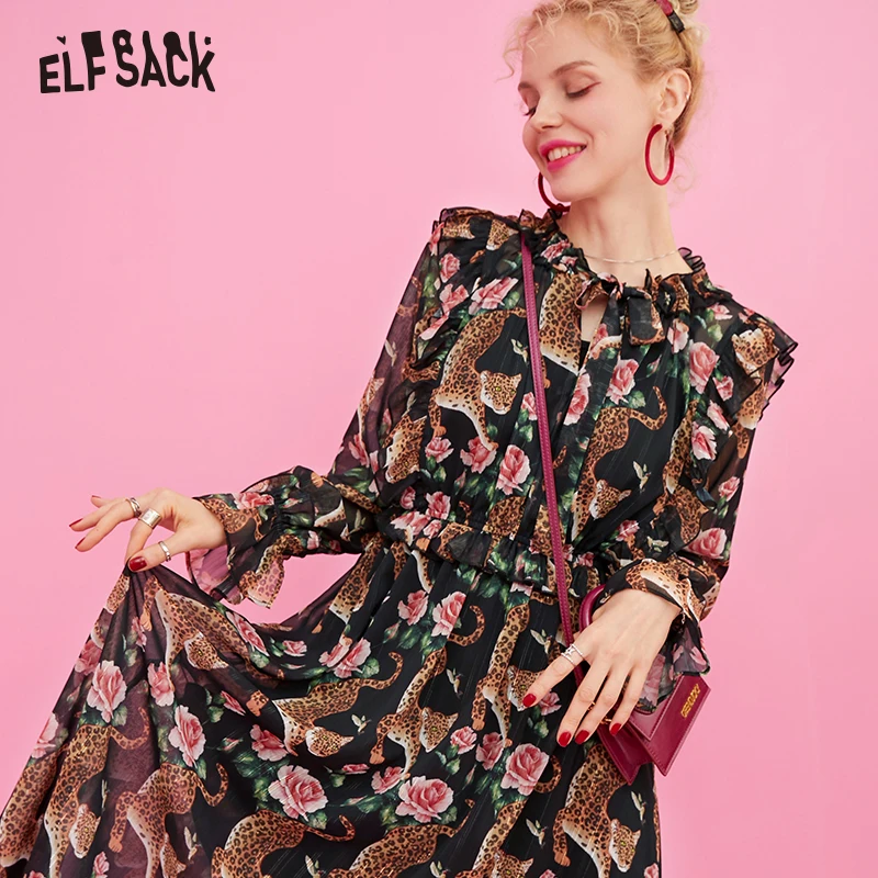 ELFSACK винтажные женские Платья с цветочным принтом осень 2019 новое праздничное