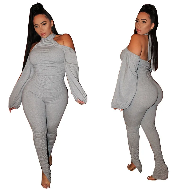 

Plus Size Women Solid Sport Jumpsuits Fashion Crew-neck Long Sleeve Backless Lace-up Hollow Out Stacked Rompers XL--5XL 2021