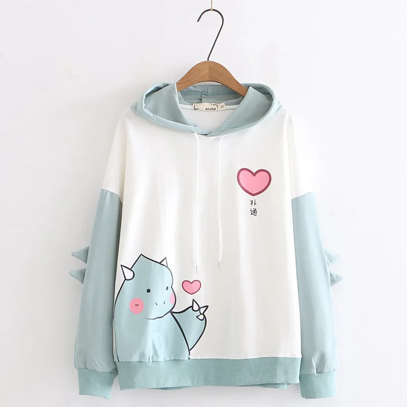 

Kawaii Dinosaur Print Hoodies Sweatshirts Cute Girl Japan Harajuku Loose Casual Hooded Pullovers 2021 Cosplay Lolita Sweatshirts