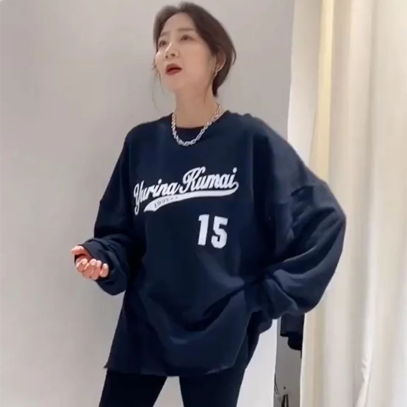 Пуловер женский весенне осенний тонкий с надписью оверсайз|Женские толстовки и