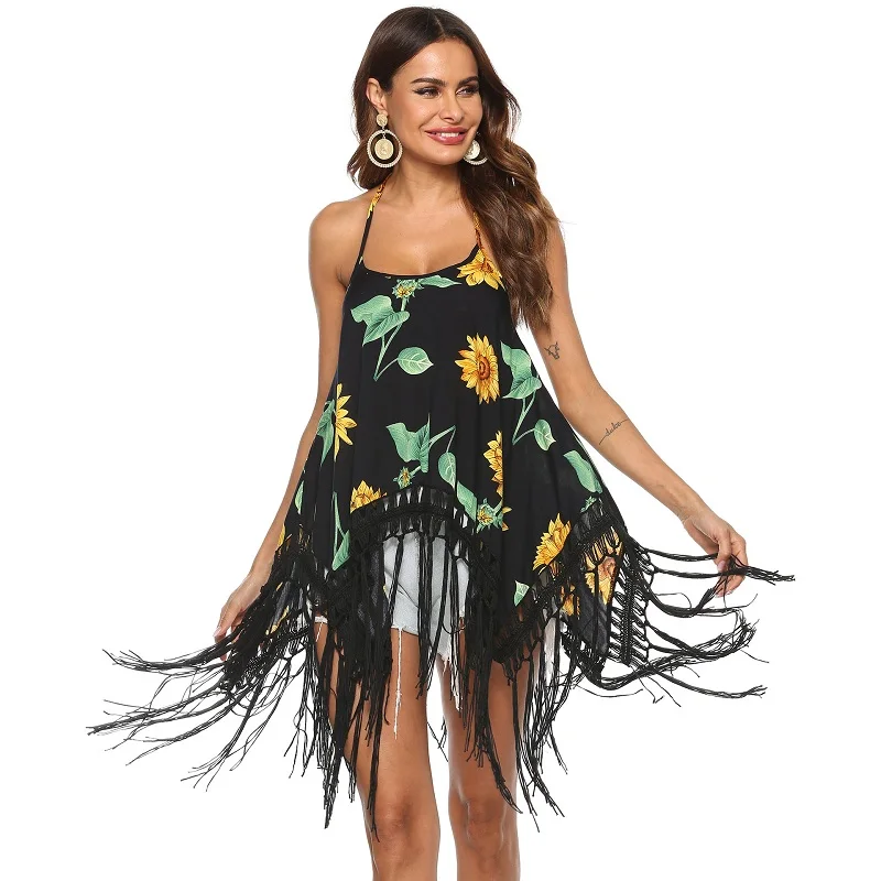 

New Women printed long Tassels Swimsuit Beach Wear 2020 Bathing Suits Cover Up Swimwear Summer Mini Dress Loose Cover Ups