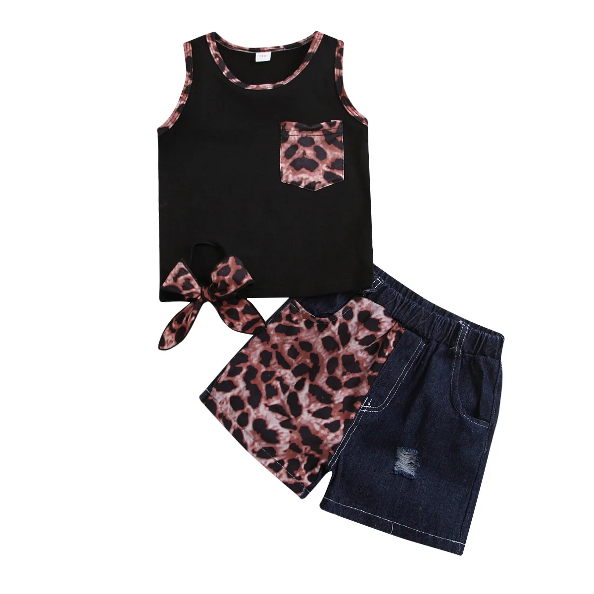

2 Pieces Kids Suit Set, Leopard Round Neck Sleeveless Pullover+ Short Pants for Toddler, 1-5 Years