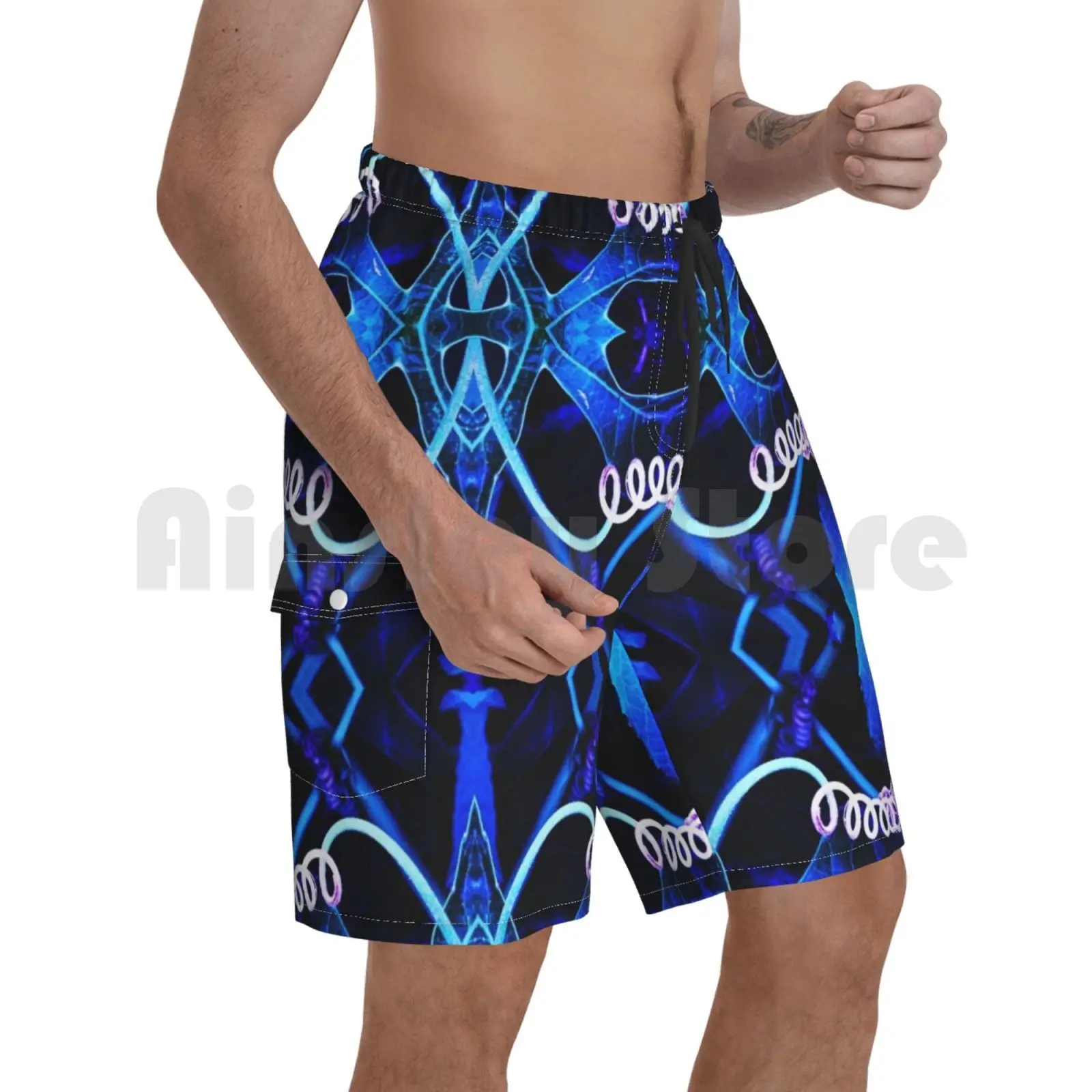 

Beach Shorts Indigo Mask-Macro Vines Spirals Leaves Florals Indigo Blue Dark Blue Design