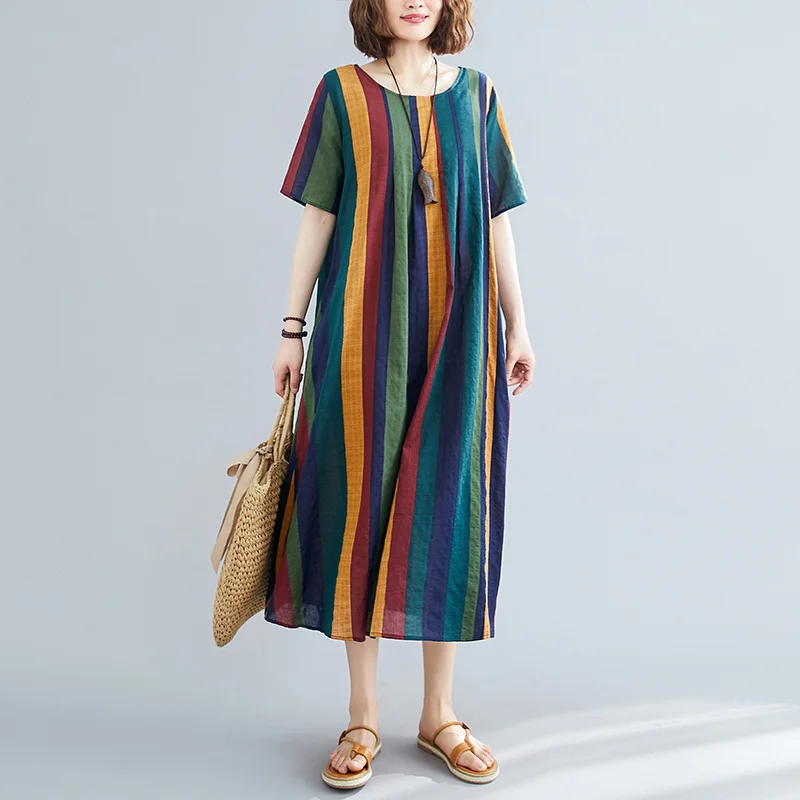 Женское винтажное платье в полоску с коротким рукавом повседневное Свободное