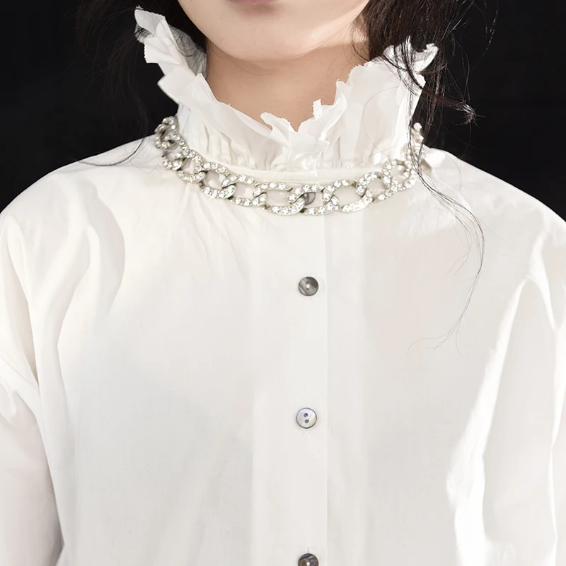 

[EAM] Women Ruffles Spliced Long Blouse New Stand Collar Long Sleeve Loose Fit Shirt Fashion Tide Spring Autumn 2021 1N88200