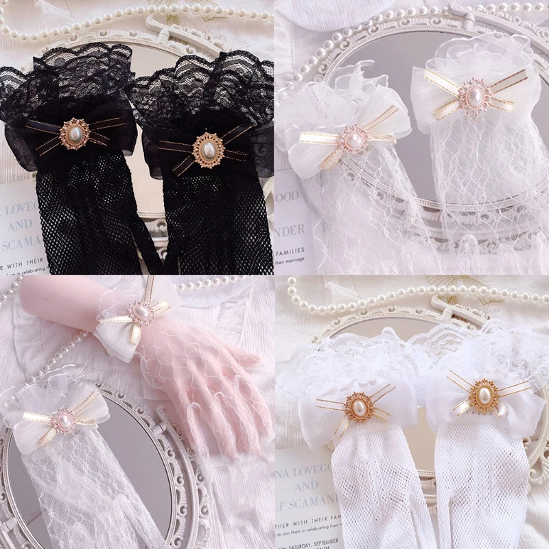 

Girls Short Mesh Ruffles Lace Gloves Bowknot Pearl Gloves Elegant Tea Party for Women Wedding Bridal Cosplay Ornaments