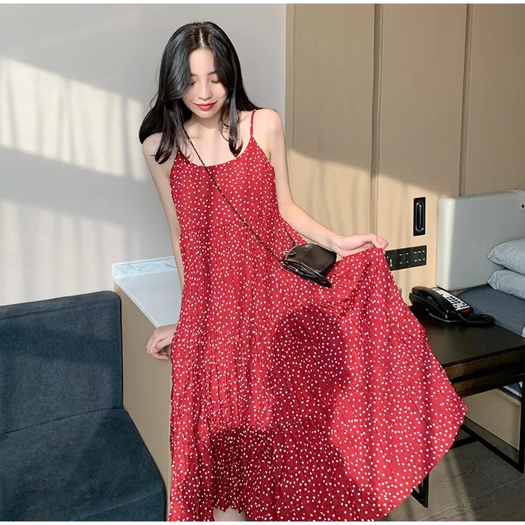 

EasyGarment Dresses for Women Polka Dot Floral Chiffon Summer Sleeveless Print Loose Pleated Mid-Length Beach Maxi Dress
