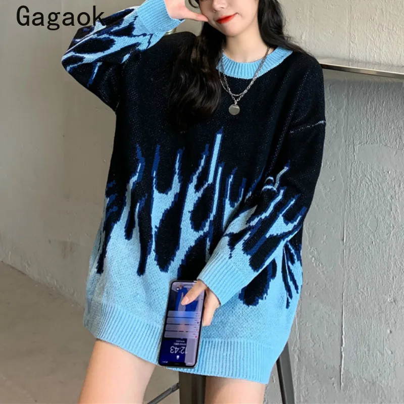 Gagaok Women Flame Sweater 2021 Spring Autumn New O-Neck Streetwear Loose Casual Knit Sweaters Harajuku Wild Fashion Pullovers | Женская