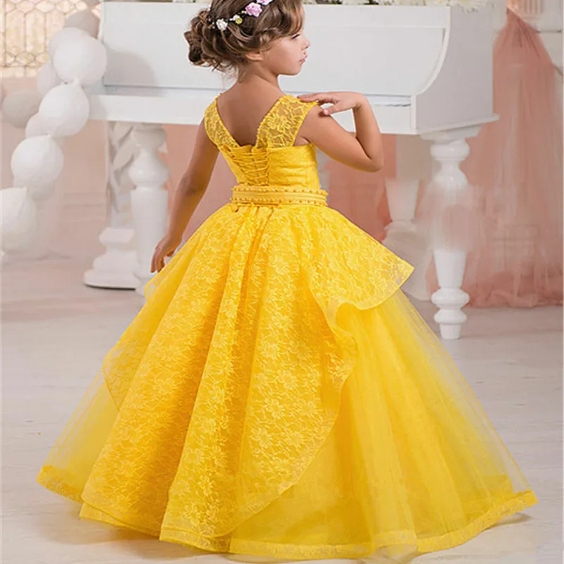 

Wedding Flower Girl Dresses sleeveless floor Length Lace applique Girls Pageant First Communion Wedding Party Gown