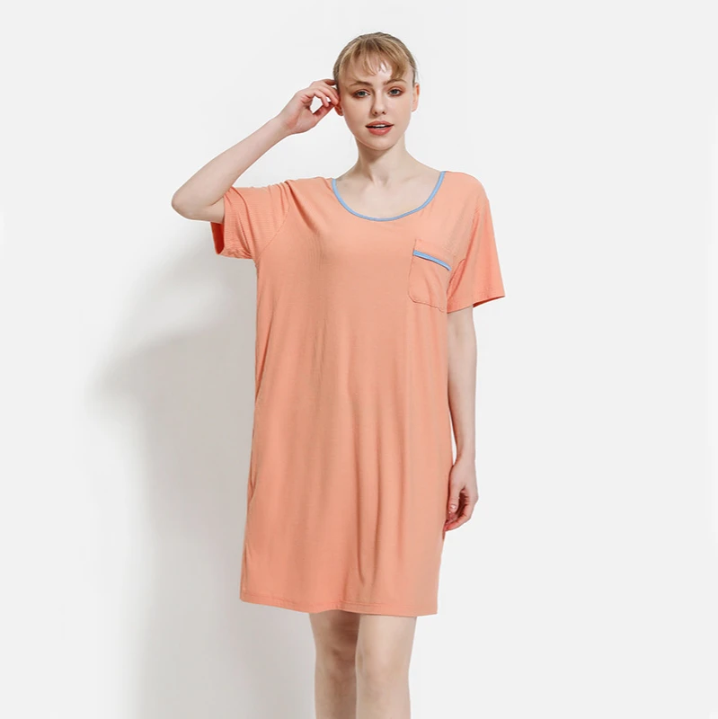

Nightdress women summer modal loose thin nightgown beautiful back sexy knee length breathable home dress contrast color 2021 new