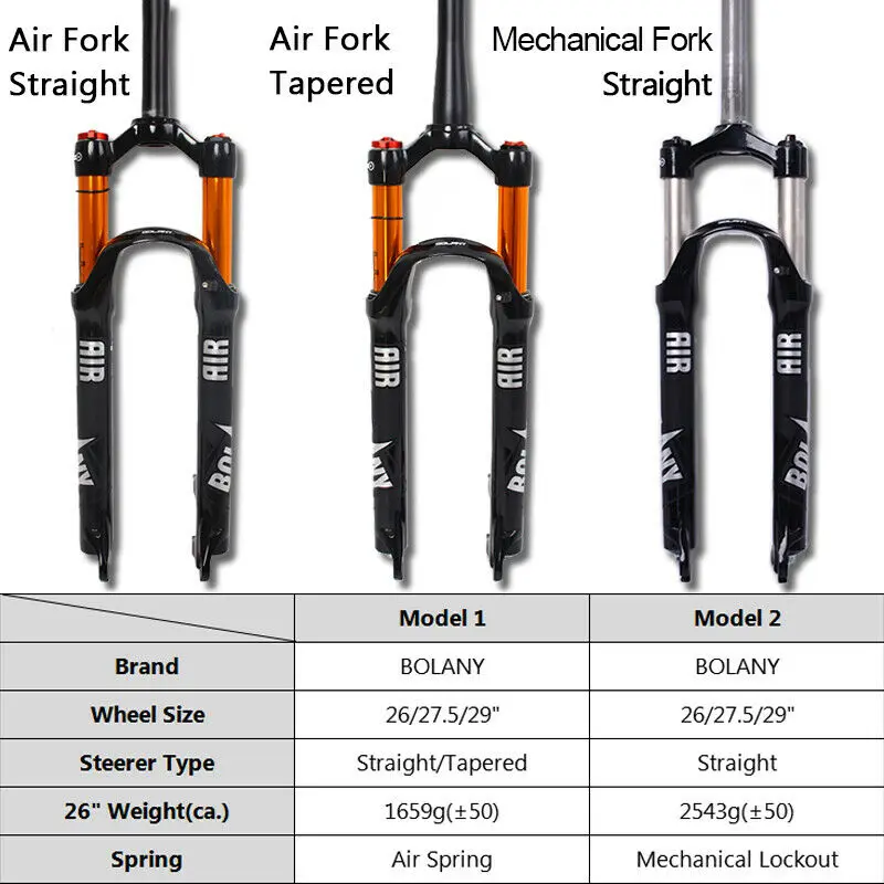 BOLANY MTB fork 26" 27.5''/29'' Crown Suspension Fork Air Straight/Tapered 1-1/8 Disc Brake Mountain Bike Forks Lightweight