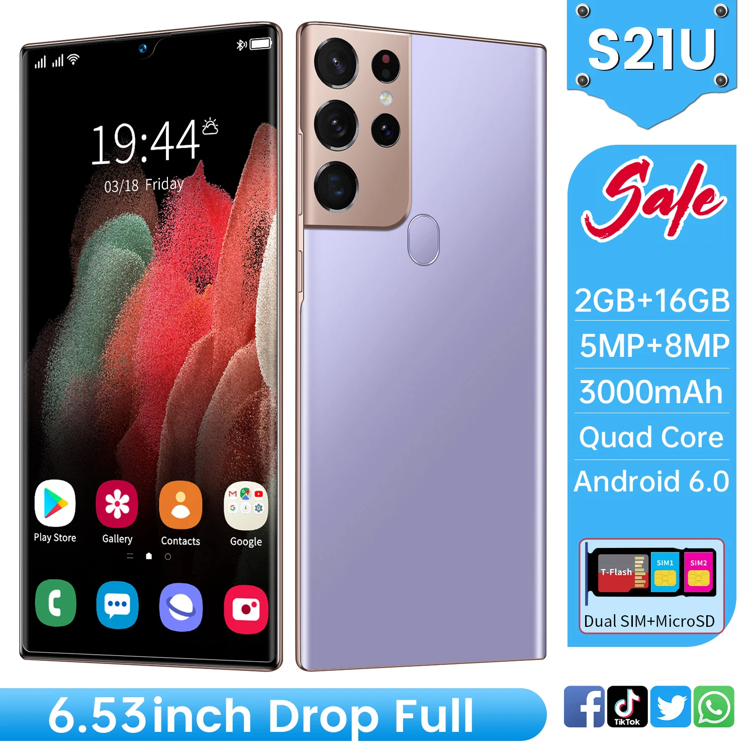 

S21U Hot money smartphone 2 GB RAM + 16GB ROM Large memory Android mobile phone 5MP + 8MP HD Camera cellphone