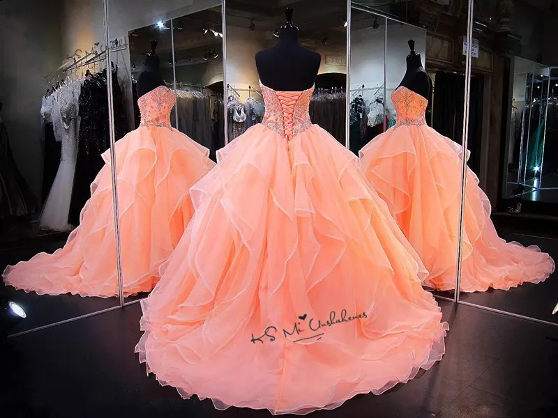 Vestidos de 15 Anos бальное платье из пышной органзы Бальные платья кристаллы дебютантное платье Коралловое Дешевое бальное платье