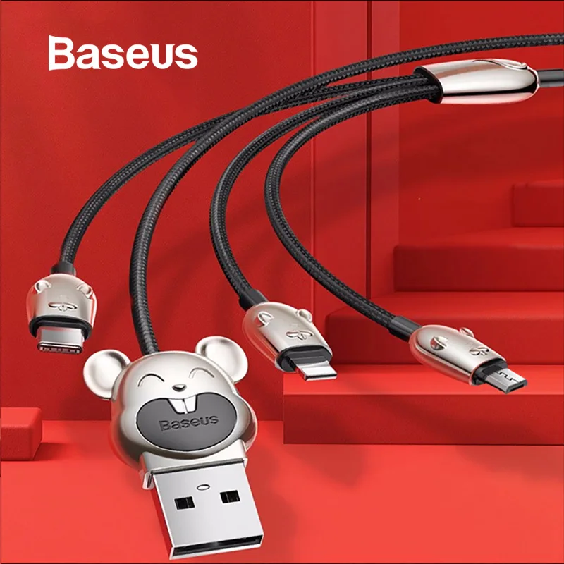 Зарядный кабель Baseus 3 в 1 USB Type C для iPhone XR XS Max Samsung S10 S9 Huawei светодиодный Micro мыши |
