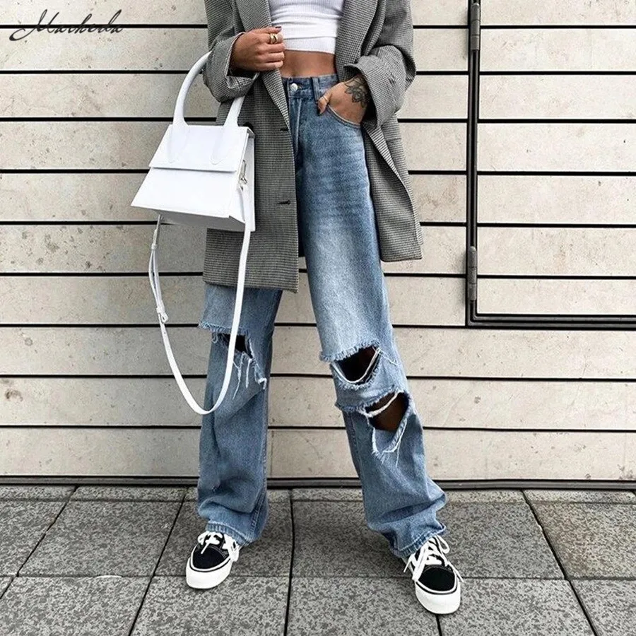 Macheda новые женские модные свободные рваные джинсовые штаны с высокой талией, повседневные винтажные Широкие джинсовые брюки
