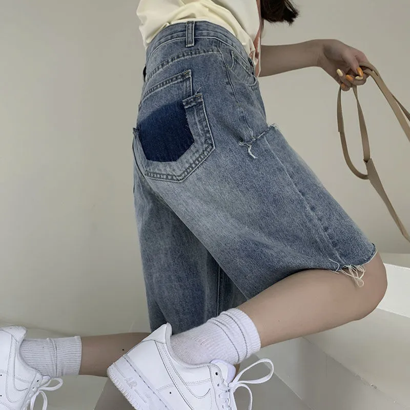 

Women's Jeans Shorts Vintage Five Point Pants High Waist Hole Short Denim Designer Quality Wide Leg Short Pants College Summer