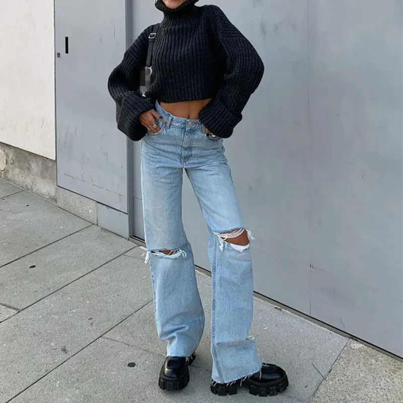 

Cargo Pants Women Jeans High Waist Ripped Baggy Jeans Fashion Vintage Knee Hole Full Length Pants Solid Blue Cool Denim Trousers