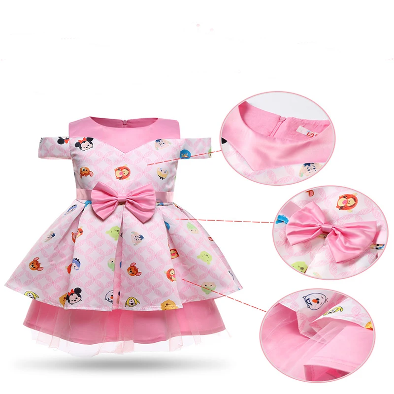 Одежда для малышей милое платье девочек с бантом и героями мультфильмов сезон