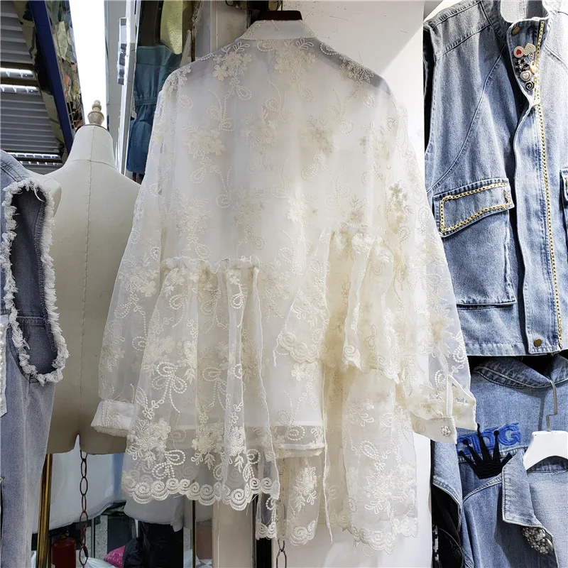 

2021 Summer Super Fairy Women Beaded Pearl Decoration Long Sleeve Apricot Lace Shirt Hollow-out Lace Blouse Cardigan Jacket