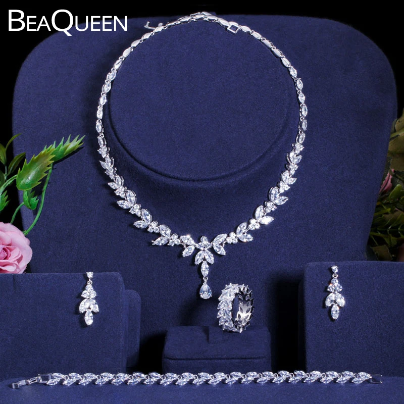 

BeaQueen Brilliant 4pcs Wedding Costume Jewellery Cubic Zircon Earring Necklace Bracelet and Ring 4pcs Bridal Jewelry Sets JS184