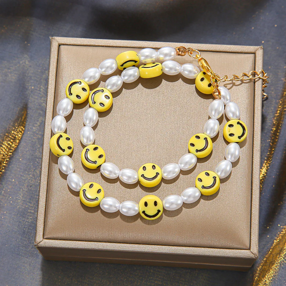 Ожерелье-чокер с бусинами и смайликом модное милое летнее ожерелье жемчугом