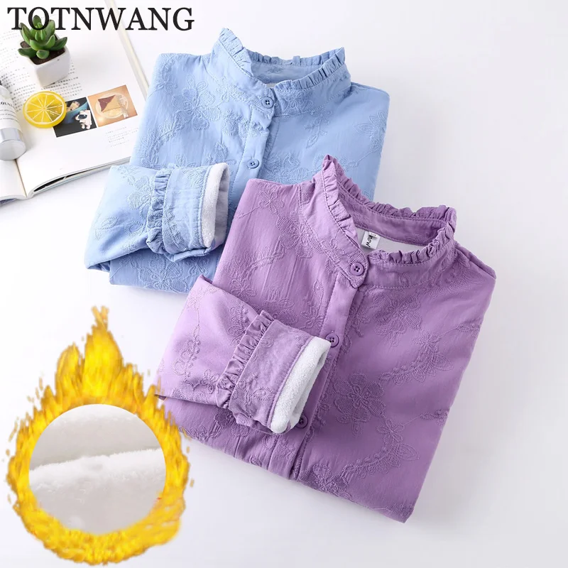 TOTNWANG Модная хлопковая блузка с цветочной вышивкой зимняя бархатная теплая