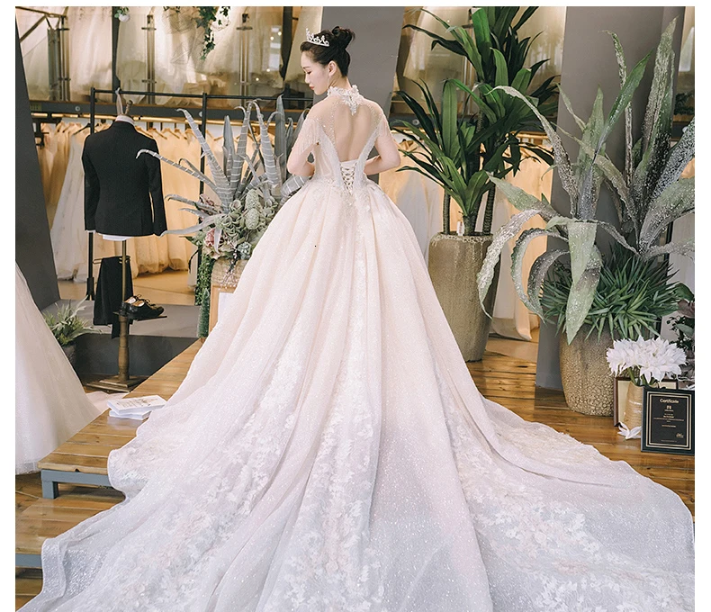 Vivian's Bridal блестящая вуаль свадебное платье кружева с высоким воротником, со стразами Иллюзия сетки Бисероплетение кисточкой Принцесса фантазия Свадебное бальное платье