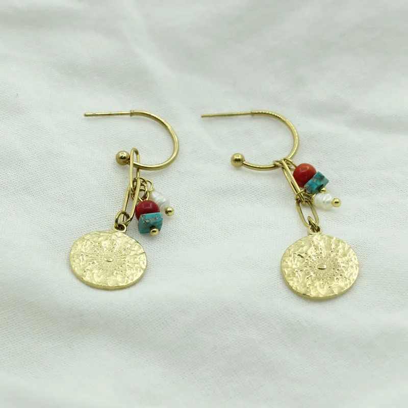 

European Damascus Pattern Silver Coin Pendant Earrings For Women Stainless Steel Pearl Stone Trend Earrings 2023 New Accessories