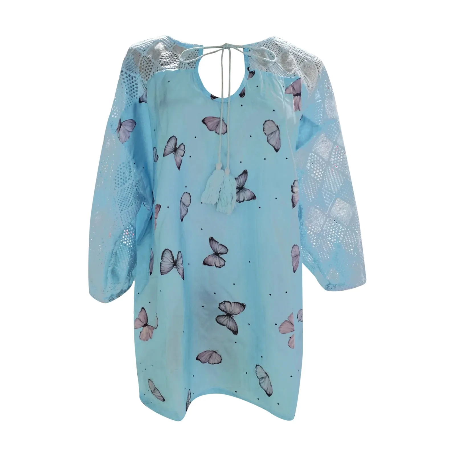 

Summer T-shirt For Women 2021 Casual Short-Sleeved Butterfly Print Lace-Up Hollow Sleeve Tops Female Loose Blouse Tops