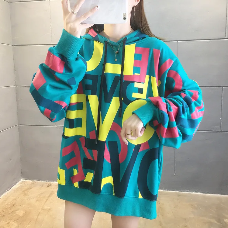 

New Autumn/winter Korean monogram print with velvet and thickened hoodie for girls loose oversize schoolgirl coats