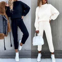 elijoin autumn womens casual hooded sports suit high collar long sleeve pocket trousers casual two piece winter ladies sweater
